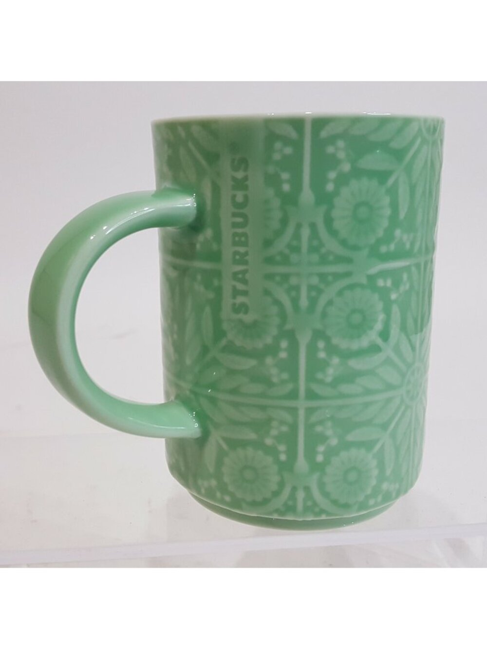 Starbucks Coffee Mug Cup 2017 Jade Green Floral Tile Embossed Ceramic 12 oz